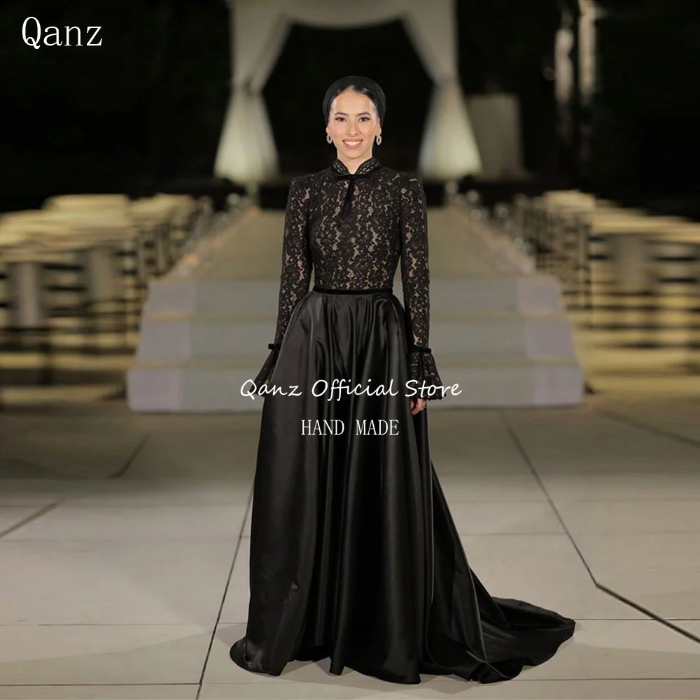 Qanz Elegant Black Satin Prom Dress Long Sleeves Robe De Soirée Femme Lace Vestidos De Festa Wedding Guest Dresses Customized