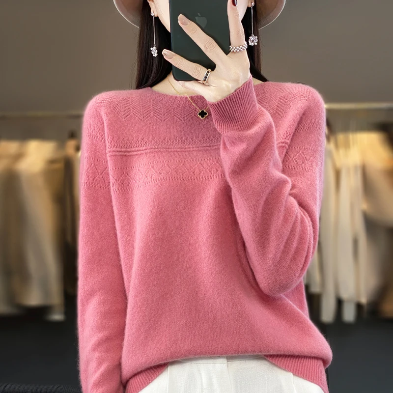 

Autumn and winter new% sweater women's round neck knitted long sleeve solid color hollow sweater wool pullover