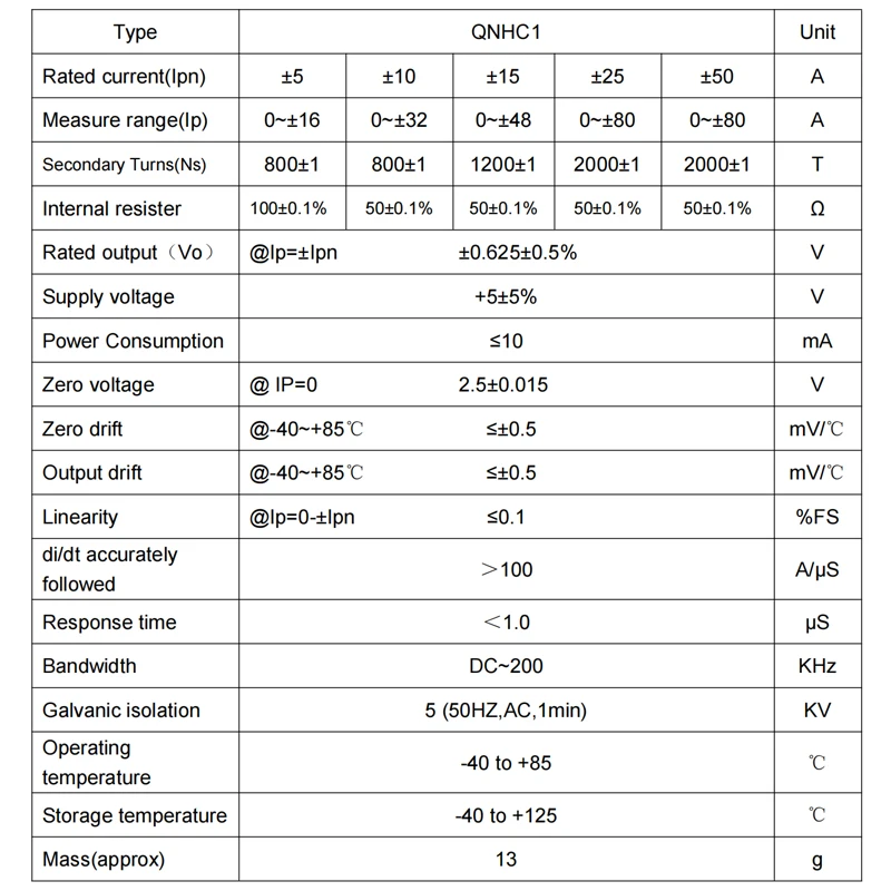 Vout 2.5±0.625V QNHC1 Input dc 5A 10A 15A 25A 50A hall current sensor transducer current transformer