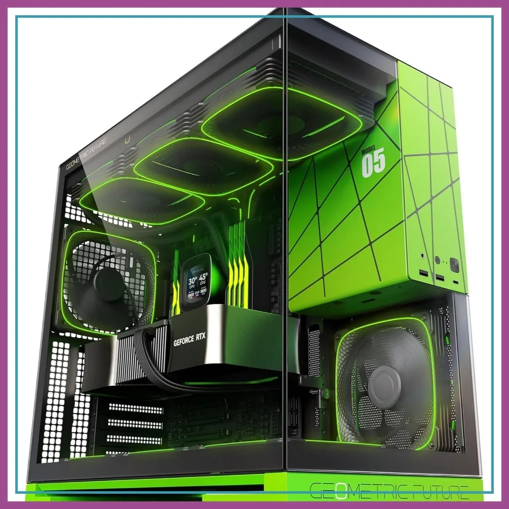 Mid Tower Gaming Case, E-ATX/ATX, Tempered Glass, 1.2mm Steel, Type C, Toolless, Support 420/360 Radiator, 5 ARGB PWM 140mm Fans, Black/Green