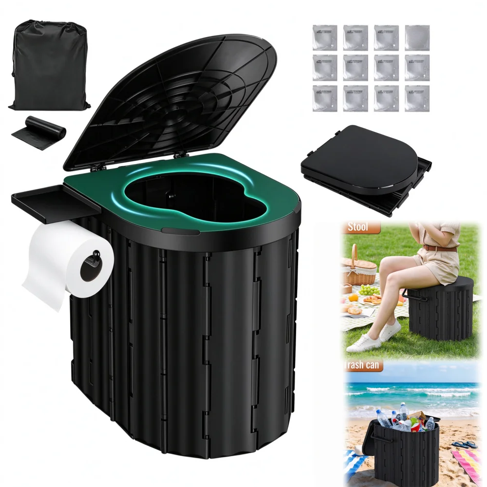 Toilette pliante portable avec couvercle, en ABS, capacité de charge de 180 kg, toilette d’urgence multifonctionnelle pour le camping, idéale pour la pêche en plein air, les randonnées et les voyages en voiture.