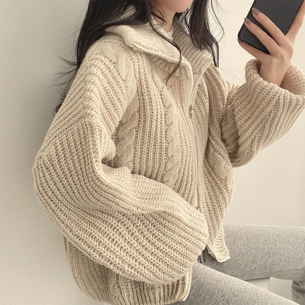 Thiened Maglione lavorato a maglia a collo alto con doppia cerniera Cardigan lungo aperto Sve Capispalla lavorato a maglia Lazy Sle Versione coreana Win...