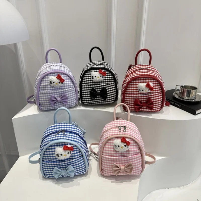 

Hello Kitty Red Grid Small Backpack for Women New Mini Travel Bag Japanese Style Harajuku Lightweight Portable Backpack