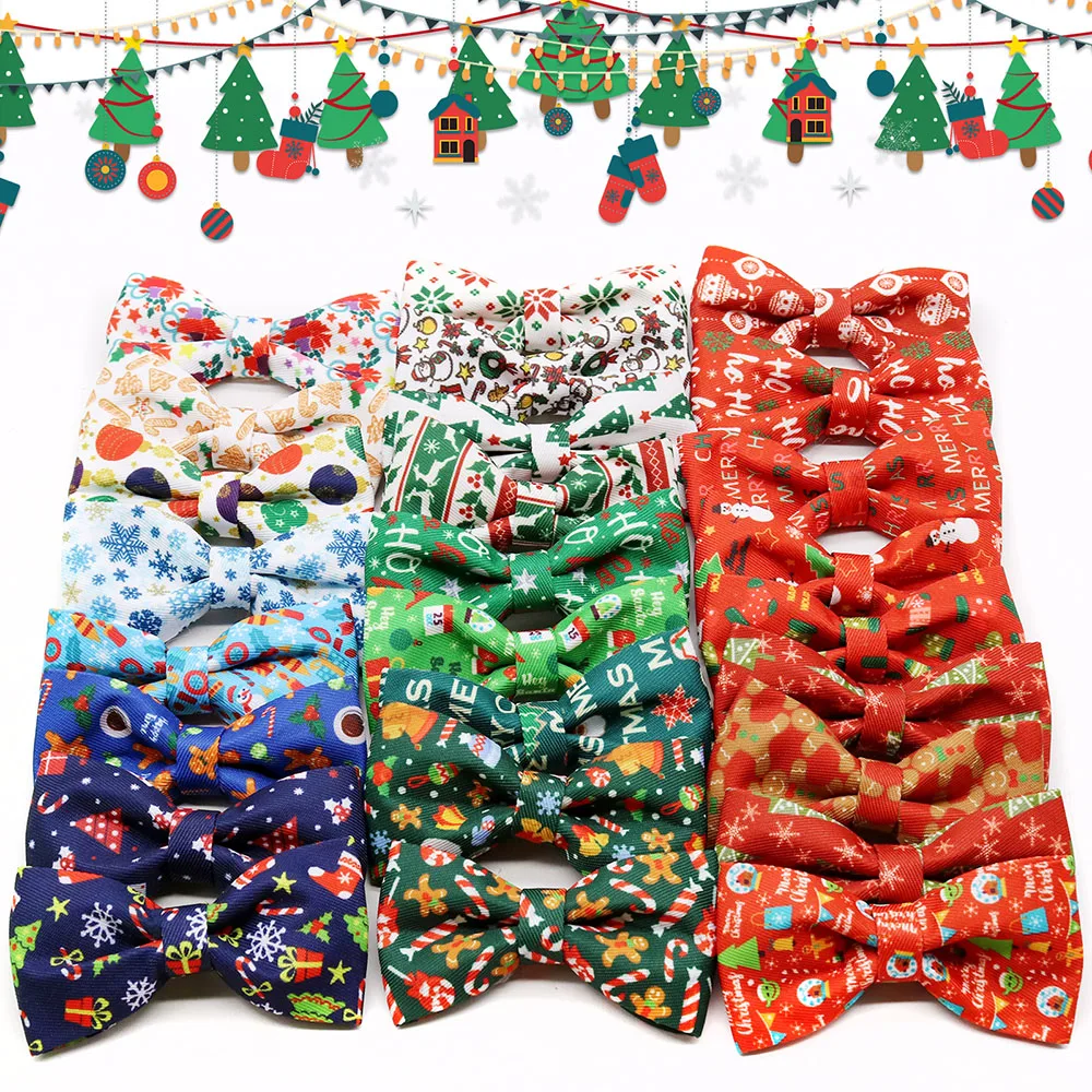 

20/40PCS Winter Dog Collars With Elastic Bands Movable Christmas Dog Bowties Wholesale Pet Grooming Accessories For Dogs