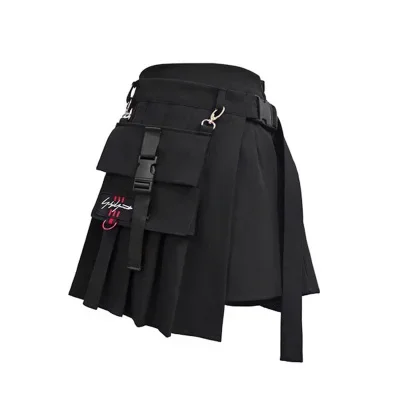 Spring Autumn Gothic Punk Harajuku Women Shorts Casual Cool Chic  Black Female Fashion Waist Bag Embroidery Pocket Chain Skirts