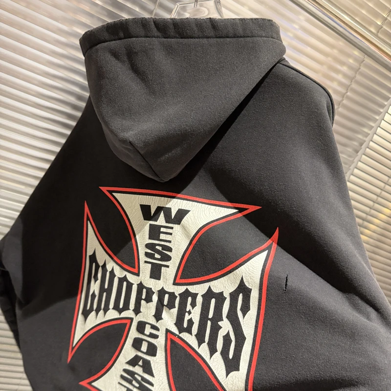 Retro West Coast Choppers Sweatshirts Winter Keep Warm Embroidered Patch Crack Print Heavy Fabric Do Old Shabby Design Hoodie