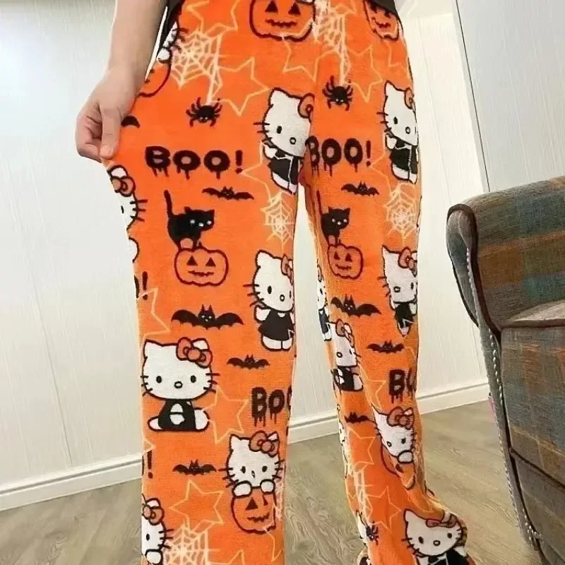Sanrio Halloween Pajama Pants Anime Figure Hello Kitty Fleece Double Elastic Fabric Soft Women Trousers Christmas Gifts