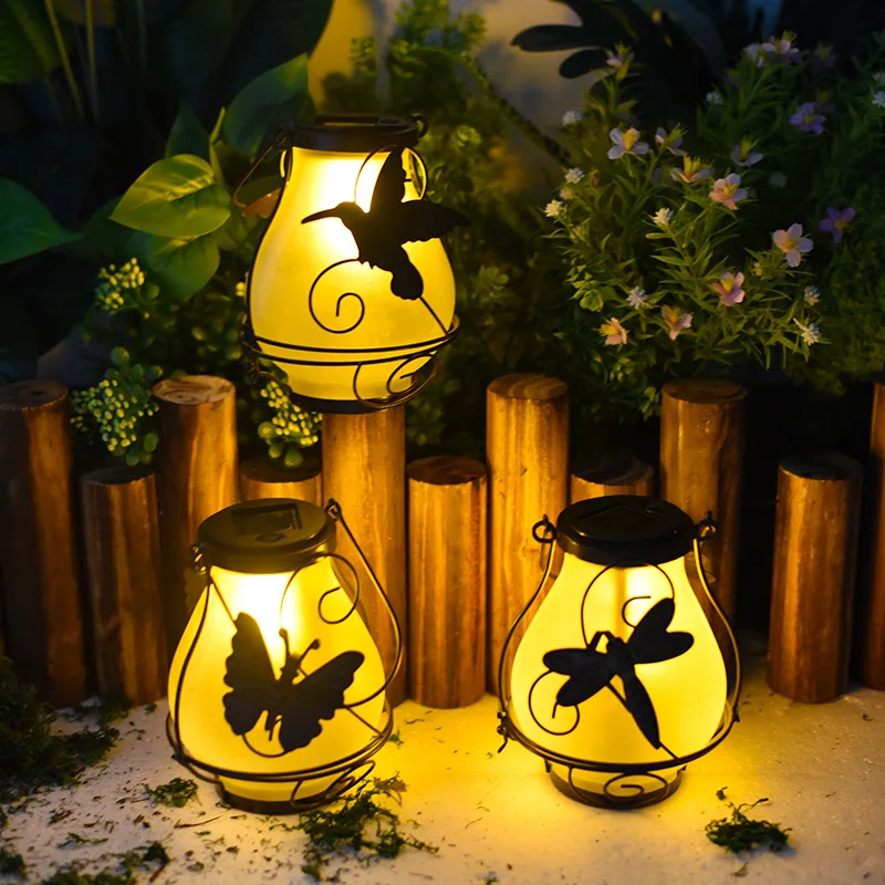 Solar Flame Light Hummingbird Dragonfly butterfly Frosted Glass Lantern Outdoor Courtyard Garden Atmosphere Decor Hanging Light
