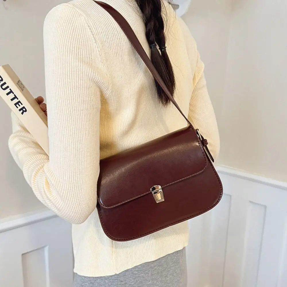 

Korean Vintage Buckle Shoulder Bag PU Leather Leisure Retro Underarn Bag Cuasal Solid Color Women's Armpit Bag Female