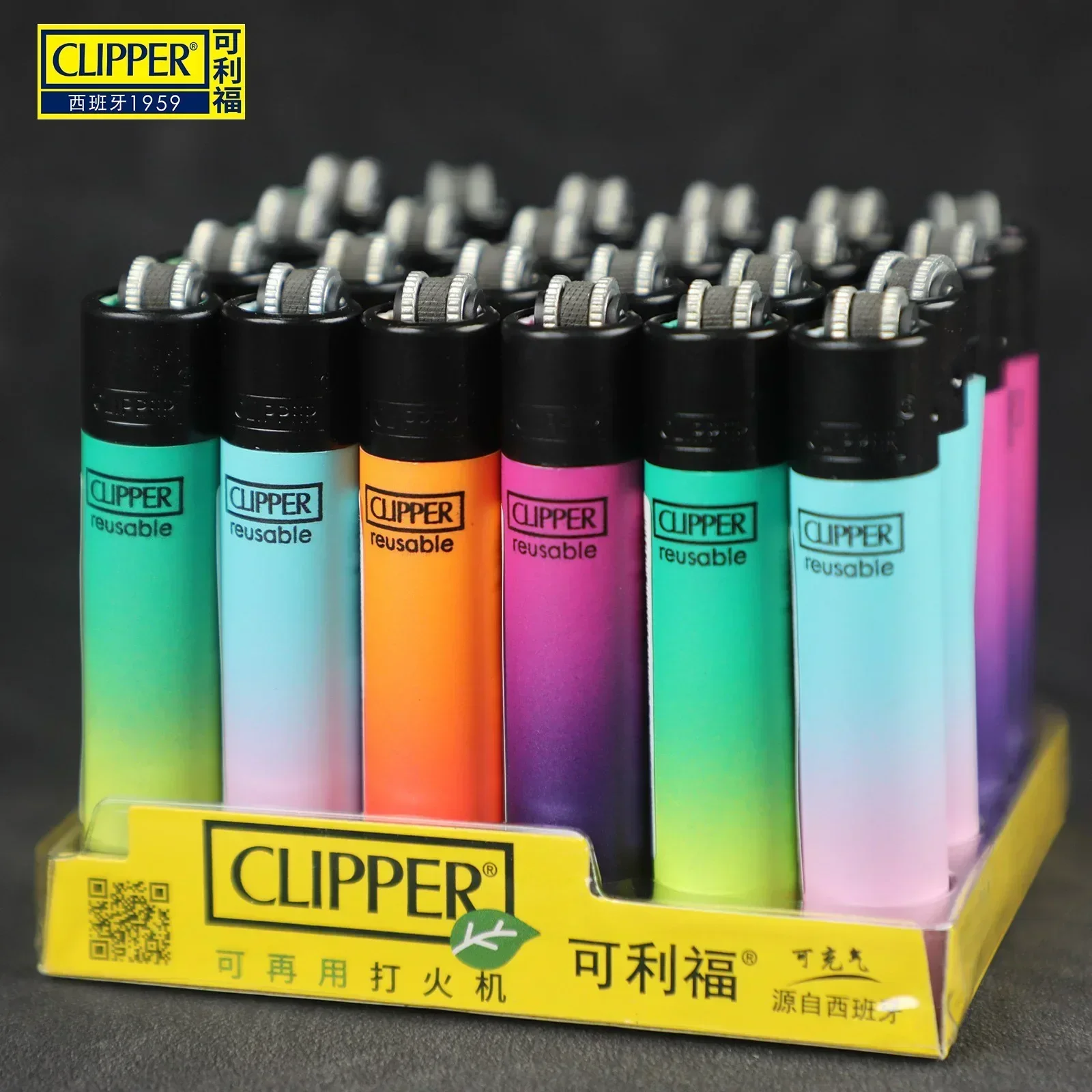24-Pack Gradient Color Clipper-Style Lighters, Refillable Butane Gas Lighters with Grinding Wheel, Open Flame Igniters