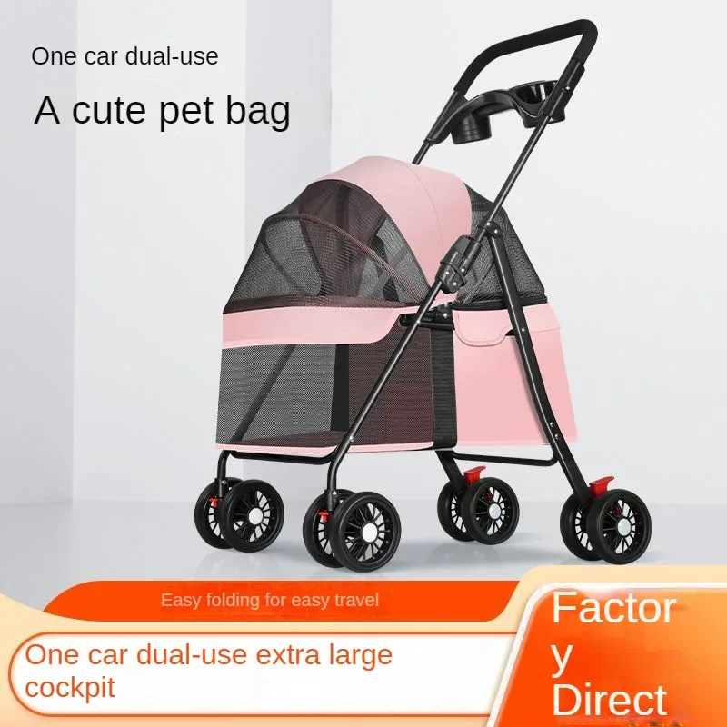 Small Animal Carrier, Outdoor Foldable Pet Trolley with 4 Wheels, Multifunctional Breathable Pet Stroller, Dog and Cat Cart