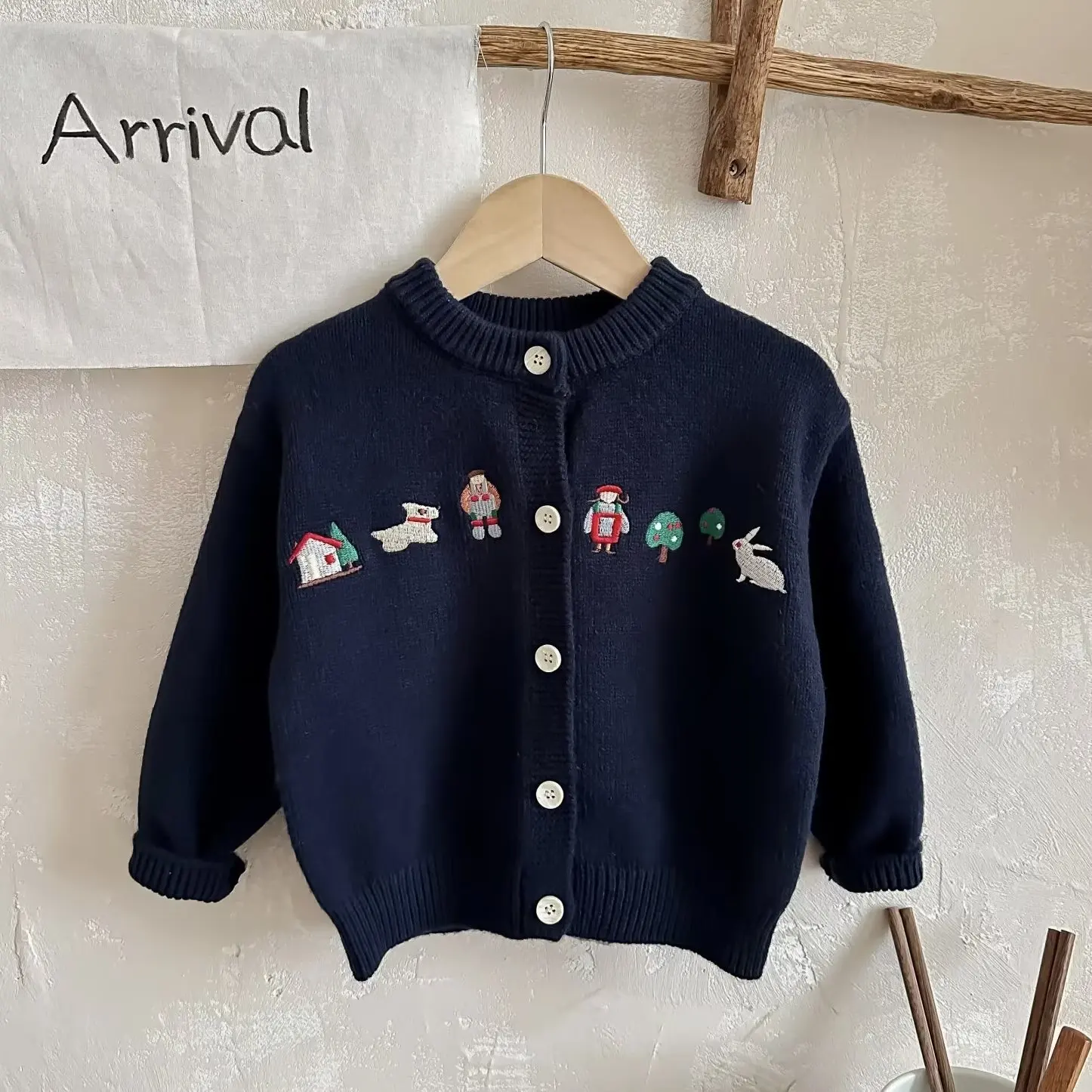 

Autumn Kids Cartoon Embroidery Cardigan Baby Cute Open-Front Coat Unisex Round Neck Single-Breast Button Children's Knitwear