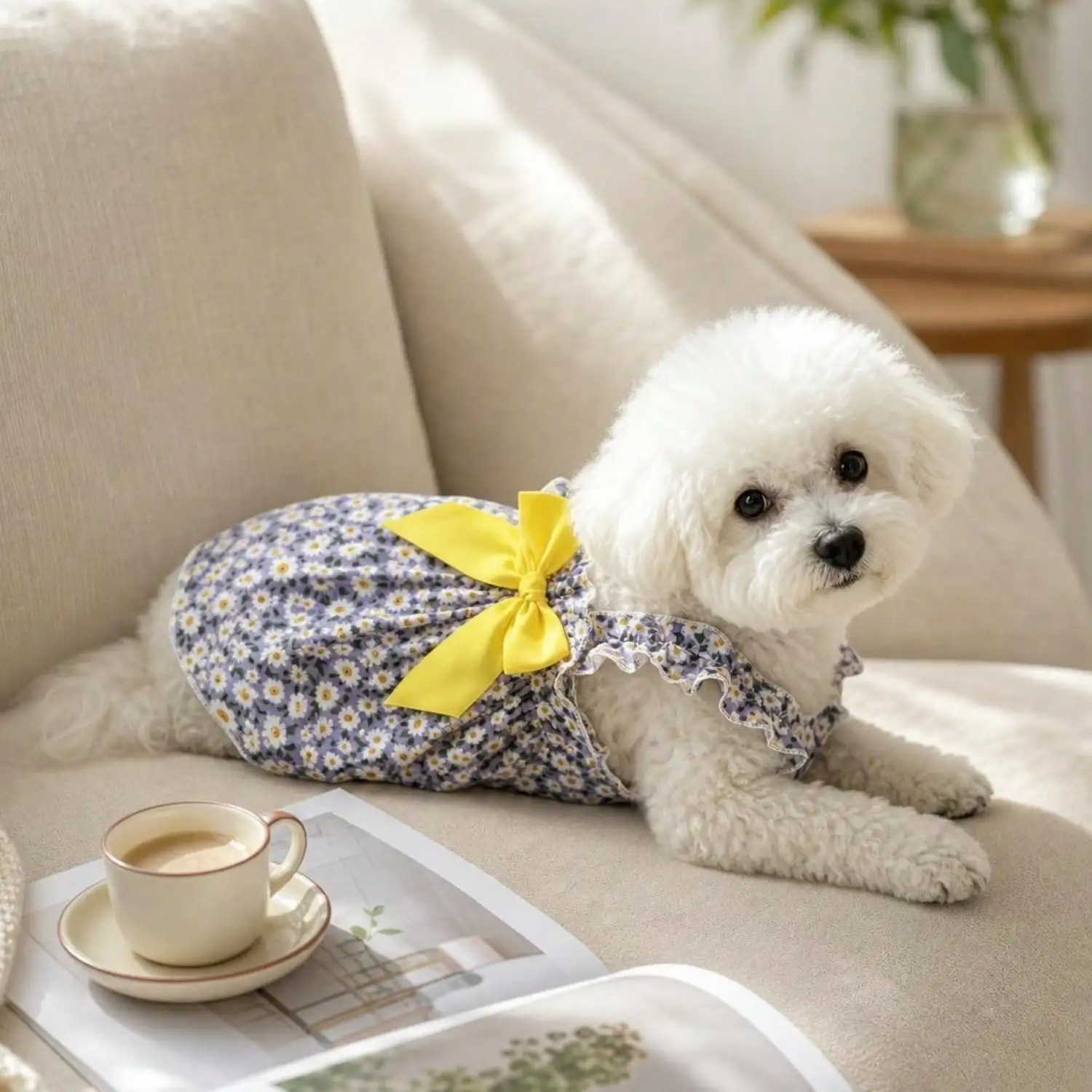 Sommerkleid für Haustiere, ärmellos, mit Blumenmuster, Rüschenriemen, großer Schleife als Dekoration für kleine Hunde, für den täglichen Gebrauch und Partys. – Detail 5