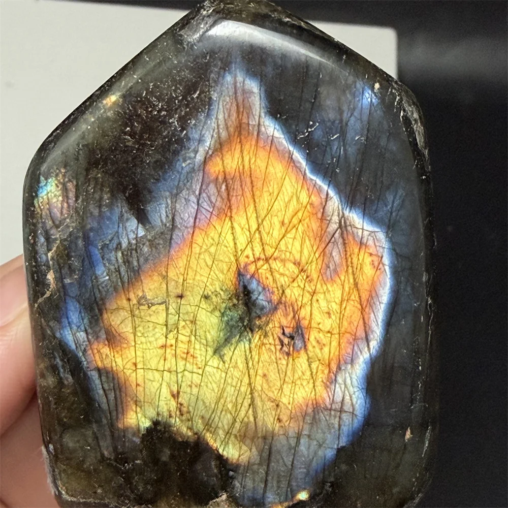 Stunning Natural Pink Purple Light Labradorite Ornament Bright Yellow Orange Blue Colorful Light Labrador Stone Specimen Standed