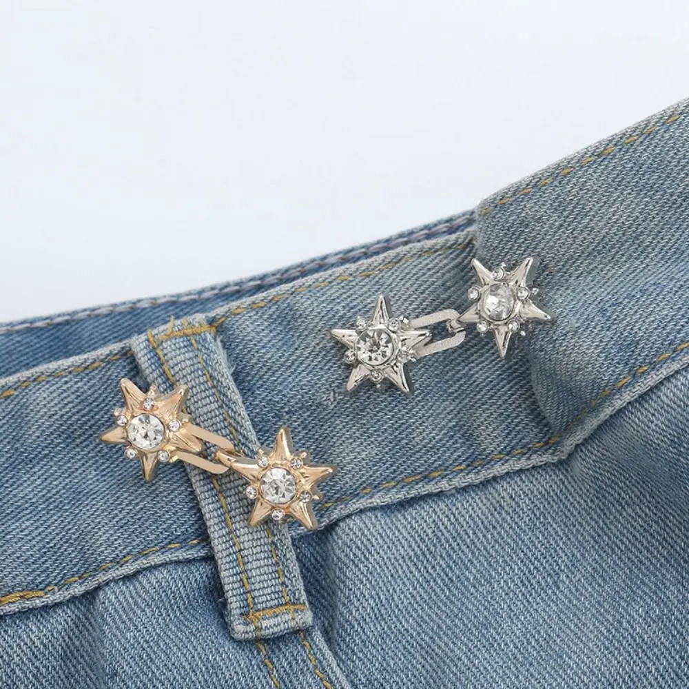 Crystal Star Pants Button Tightener Button Clasps Adjustable Jean Fit Tighten Buckles Waist Clip Silver