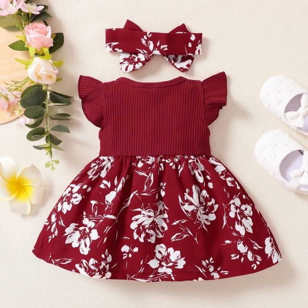 

Sweet Bow Baby Girl Dress Floral Cotton Newborn Clothes Set Short Sleeve Soft Infant Red Princess Dress Daily Wear