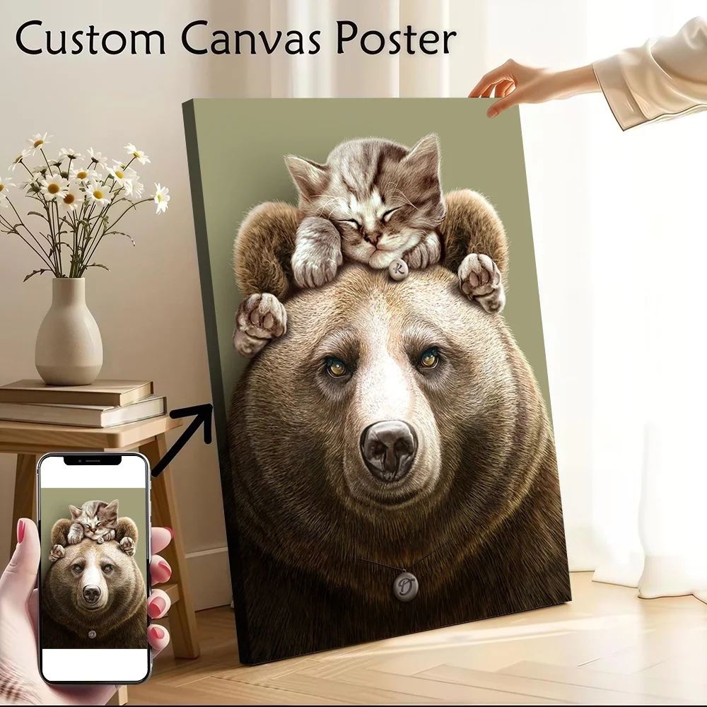 CAT ON BEAR Poster Customizable Printed Canvas Painting for Pictures Wall Art Living Room Decoration Decorative Picture Frames