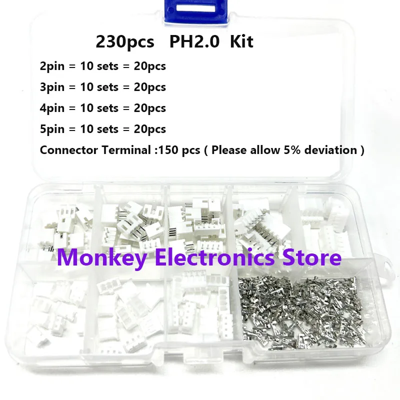 230pcs PH2.0MM 2P 3P 4P 5pin 2.0MM Straight Pin and Rubber Shell Terminal JST Connector 40Sets