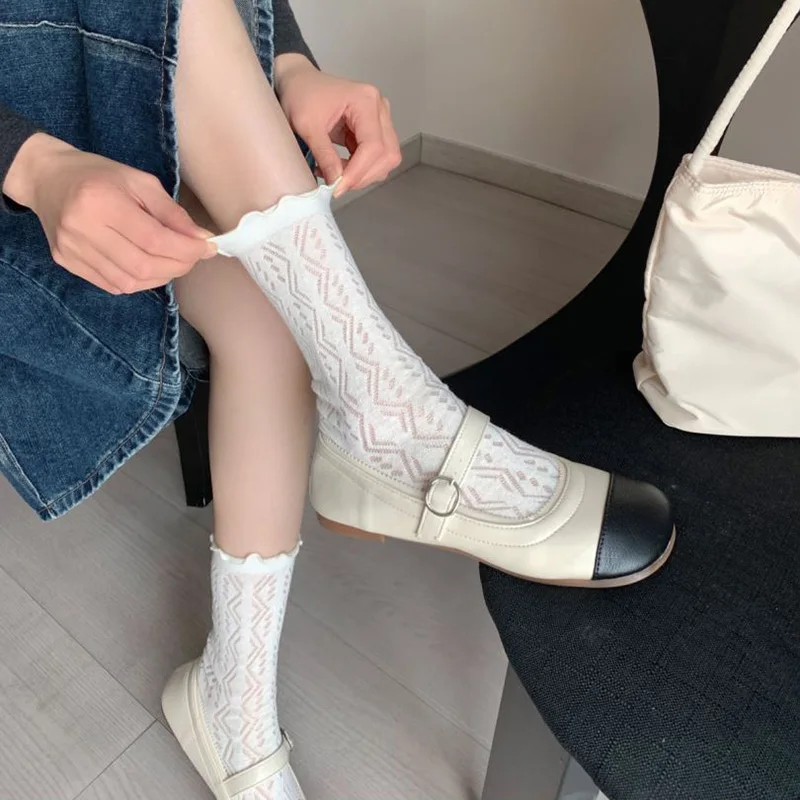 5 Pair Lot Frilly Ruffle Women Summer Thin Cotton Soft Breathable Long Socks Japanese fashion style School Girls Sox Solid Color