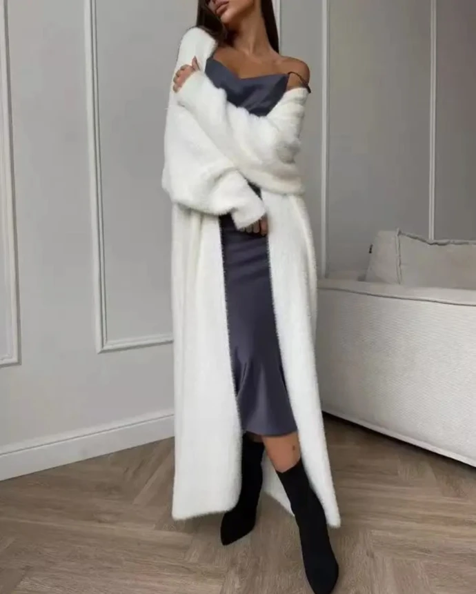 

Осенний элегантный женский длинный кардиган из нечетки вязки, модное повседневное белое простое пальто, женское трикотажное пальто