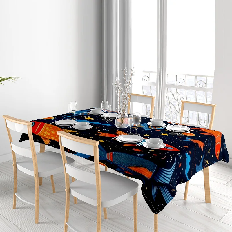 Stylish Space-Themed Tablecloth with Planetary Design for Dining Room Decoration Blue Galaxy Pattern Print