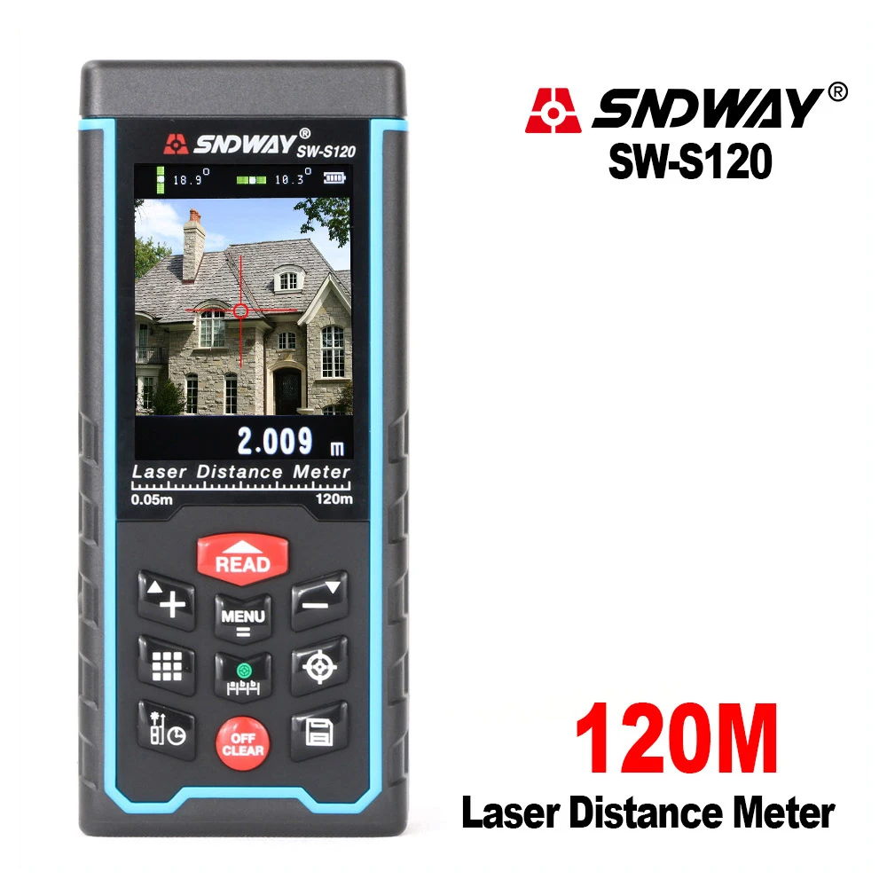 SNDWAY-Laser Distância Medidor Tape Measure, Função Câmera Digital, Range Finder, Ferramenta Ângulo, Rangefinder