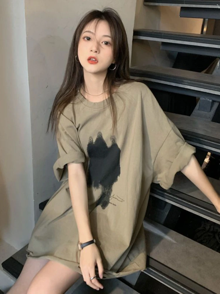 L-4XL Ripped T-shirts Women Simple Printed Design Baggy Summer Long Tops Fashion College Ulzzang Streetwear Leisure Basics Ins