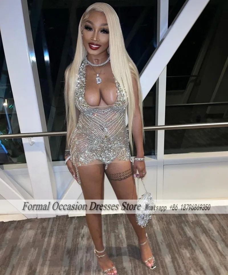 Sexy Silver Birthday Dresses Luxury Rhinestone Party Dress Baddie Black Girls African Cocktail Gowns Vestidos De Gala Customized