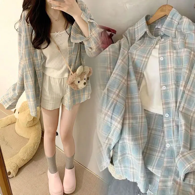 

Soft Blue Vintage Plaid Shacket 2025 New Oversized Open Front Women Spring Fall Essential