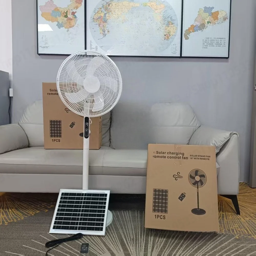 Floor Fan Solar Remote Control 16-inch Electric Fan Household Large Wind Timing Intelligent Charging Large Battery Life Fan