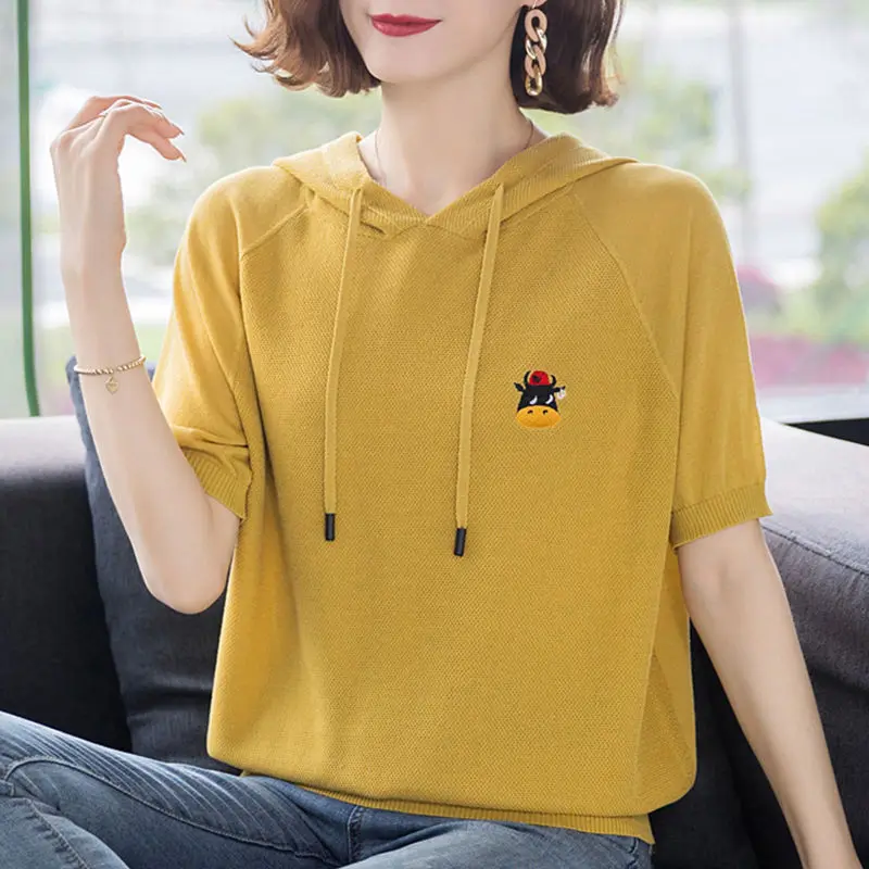 Women's Clothing Summer Korean Embroidery Drawstring Knitted Hooded T-shirts Y2K Trendy Casual Short Sleeve Loose Pullover Tops