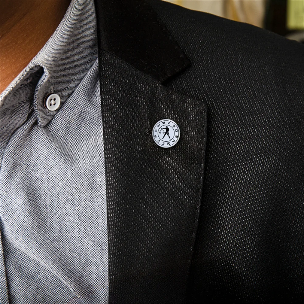 Tangula Trendy Engraved Zodiac Sign Brooch Stainless Steel Round Badge Mens Shirt Lapel Pin Wedding Jewelry Gifts for Groom