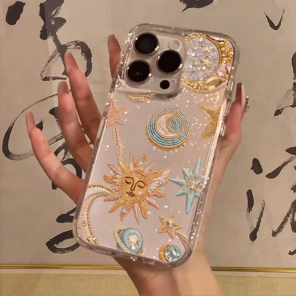 Coque de téléphone antichoc souple avec étoiles, lune et paillettes transparentes pour iPhone 17, 13, 16, 15, 11, 12, 14 Pro Max, XR, 17 Air, 16e