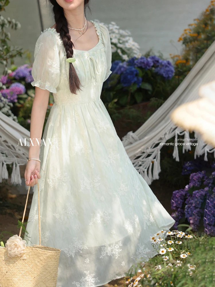 ALXNAN Plus Size Long Dress Green Elegant Square Neck Puff Sleeves Women's Dresses Summer Holiday Party Ladies Clothing D10858