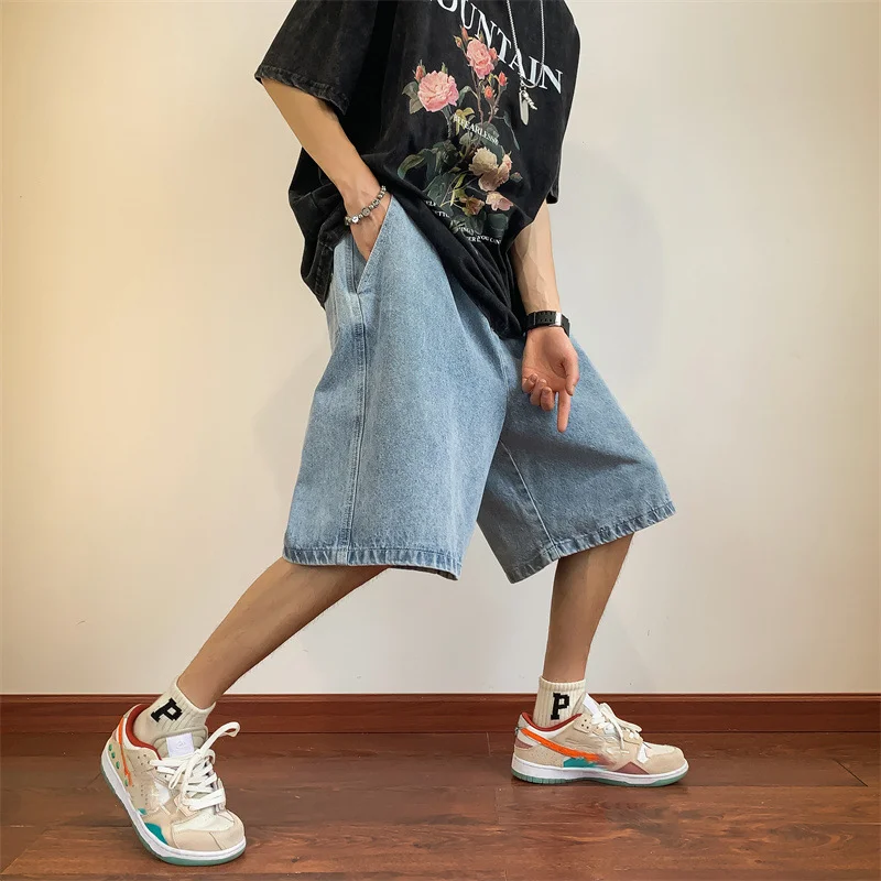 Pantalones cortos vaqueros de verano para hombre, Vaqueros coreanos estilo Harajuku Retro, holgados y rectos que combinan con todo, de pierna ancha,