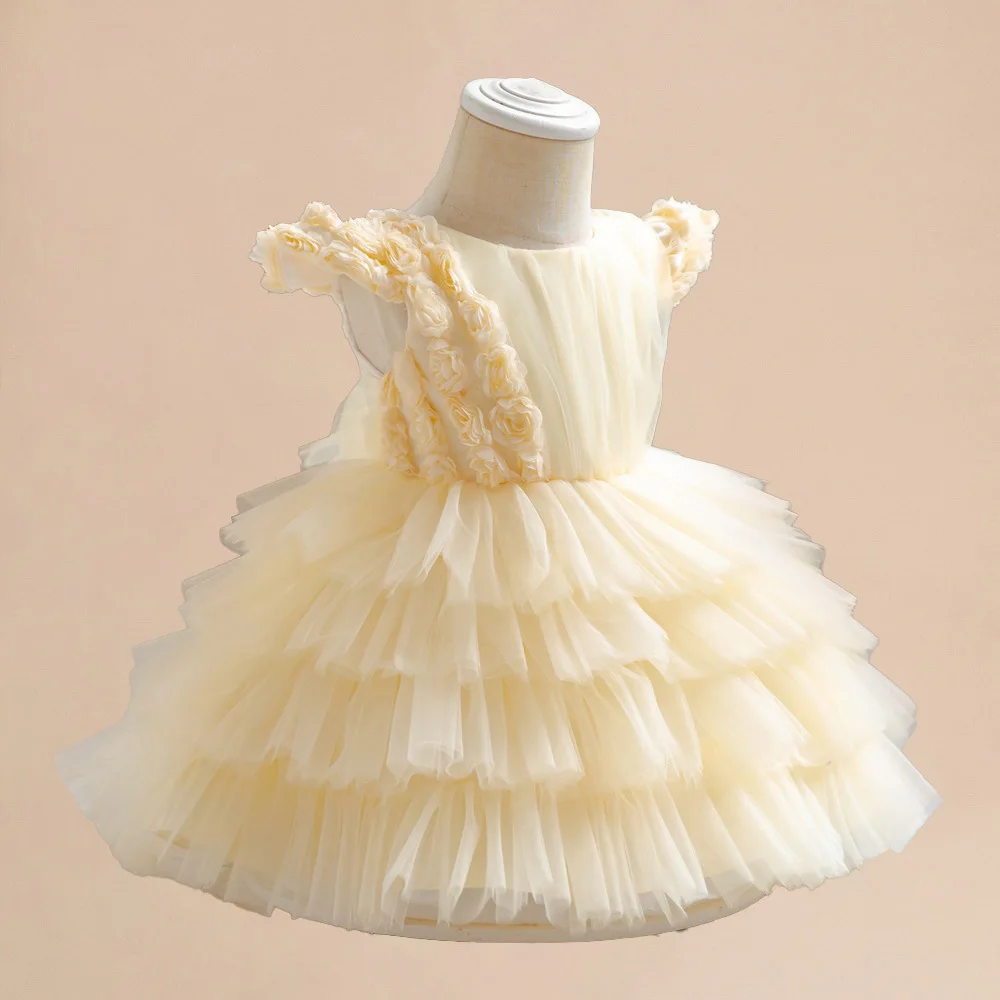 Baby Dresses Appliques Pearl Belt Toddler Girl Dress Tutu Layered Puffy Infant Ball Gown for Wedding Birthday Performance