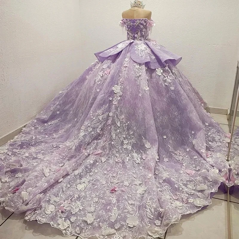 Angelsbridep luxo lilás rendas quinceanera vestidos miçangas 3d flores vestidos de 15 anos formal festa aniversário baile espartilho