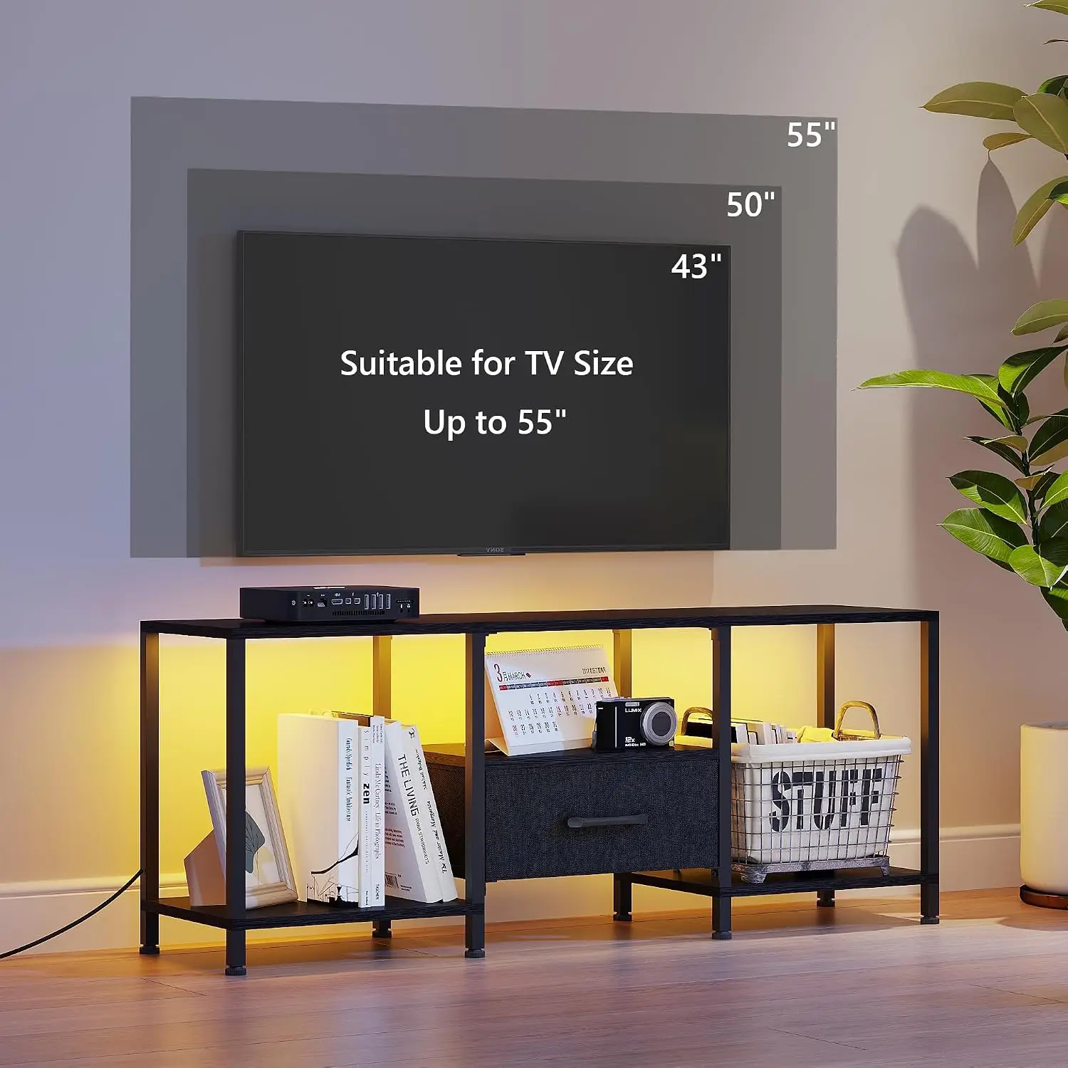 LED TV Stand with Open Shelves & Fabric Drawer, Media Console for 55" TV, Black, Living Room Bedroom view 6