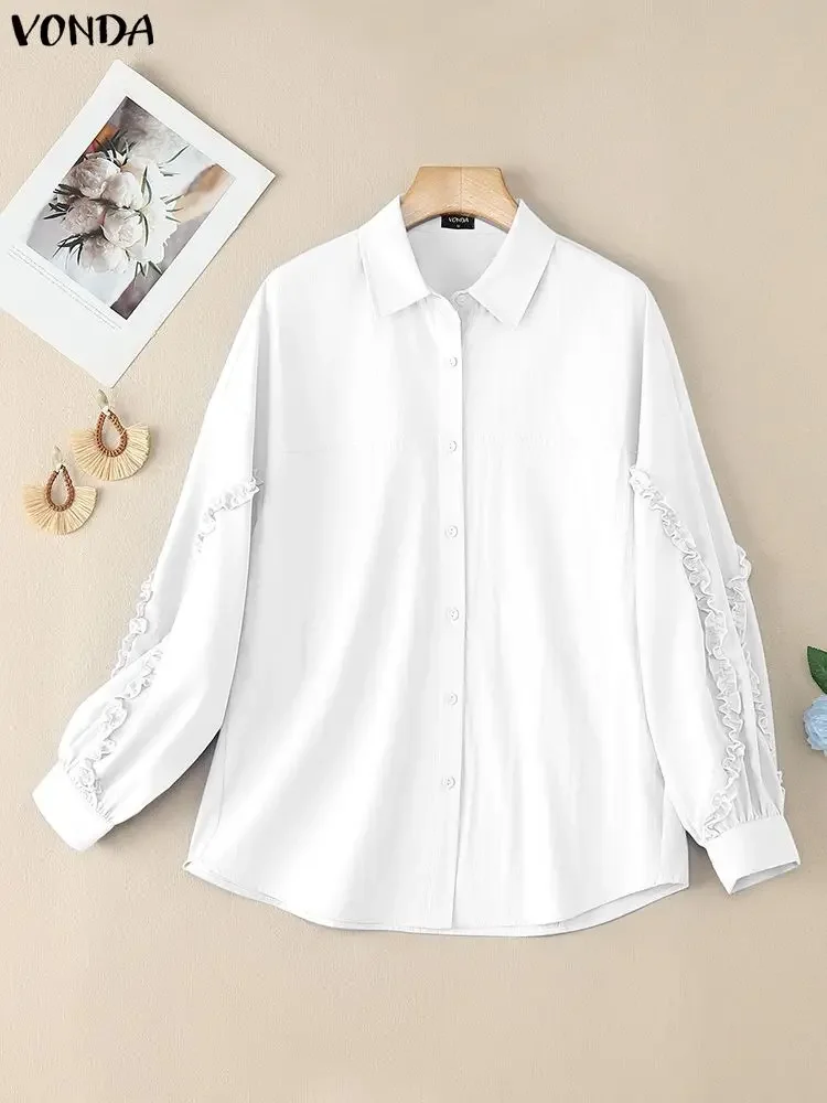 Blusas de talla grande 5XL VONDA a la moda para mujer, camisas de manga larga acampanada de otoño, Tops tipo túnica con volantes lisos, Blusas holgadas informales