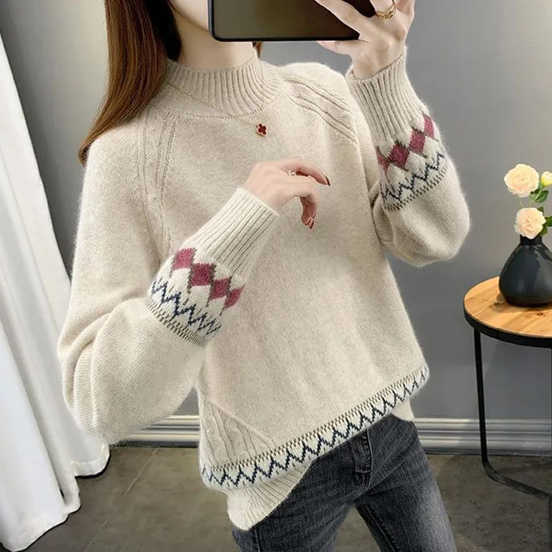 New Autumn/Winter Korean Edition Lazy Colored Jacquard Half High Neck Loose and Versatile Western Style Slimming Knitted Sweater