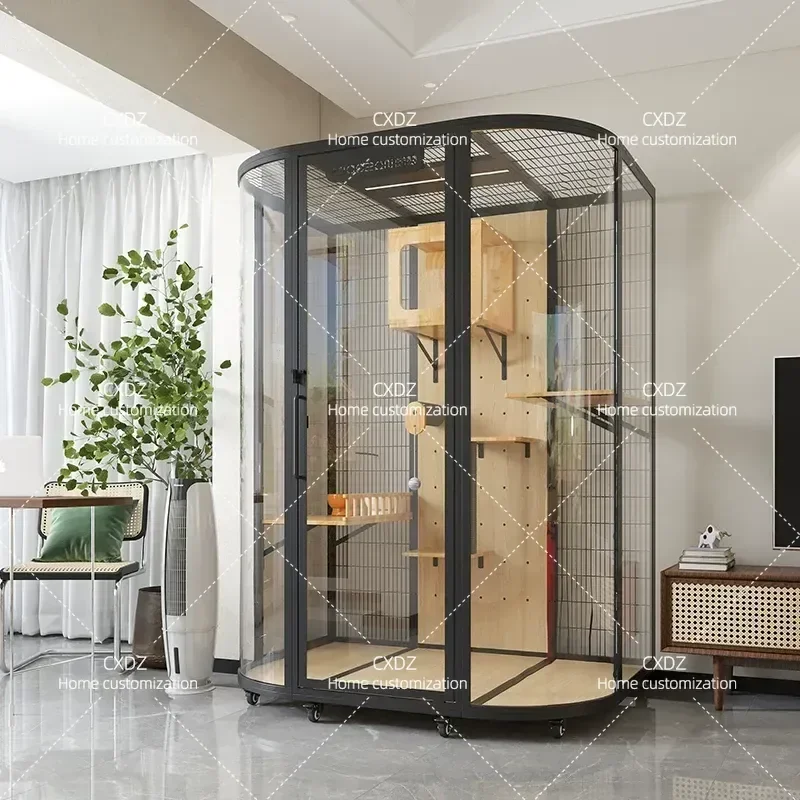 Luxury Large Space Solid Wood Cat Climbing Frame Glass Panoramic House Cabinet Cage for Household Use Can Hold Cat Litter Box