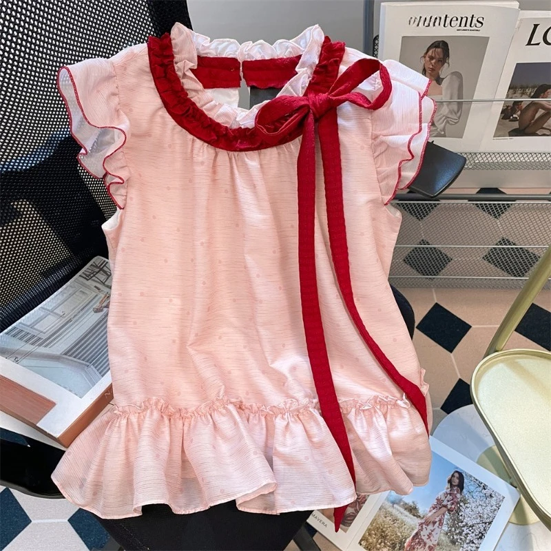 

Japanese Sweet Blouses Bow Ruffles Patchwork Polka Dot Contrast Color Design Shirts 2025 Summer New Top All Match Women Clothing