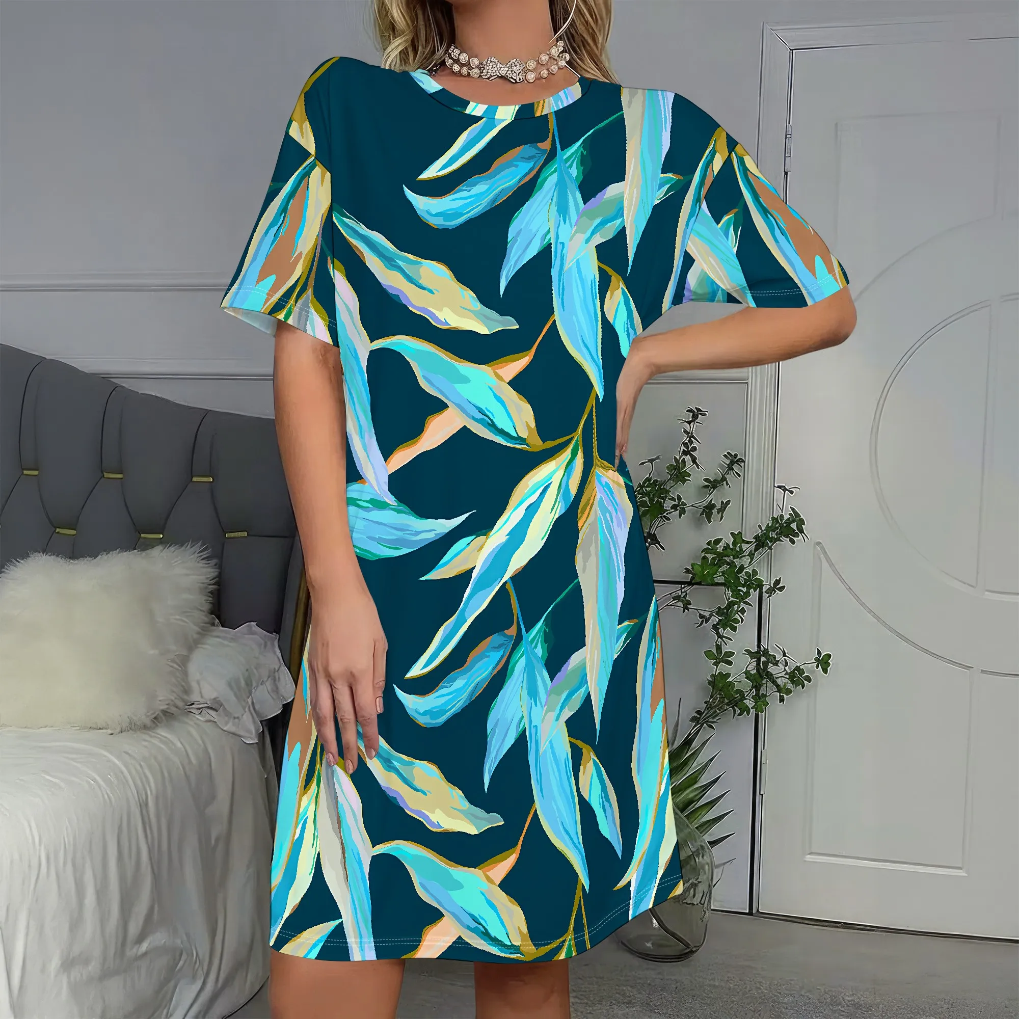 

Teal Leaf Print, Short Sleeve Dress, Abstract Floral Pattern, Boho Summer Style, Beach Vacation Wear, Casual Daily Outfit, S-2XL