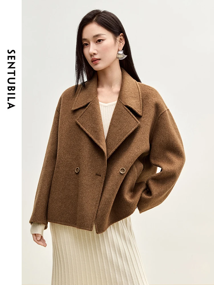 SENTUBILA Winter Short Woolen Coat Women 2024 Fashion Notched Collar Double Breasted Straight Jackets Female Outerwear W44O56123