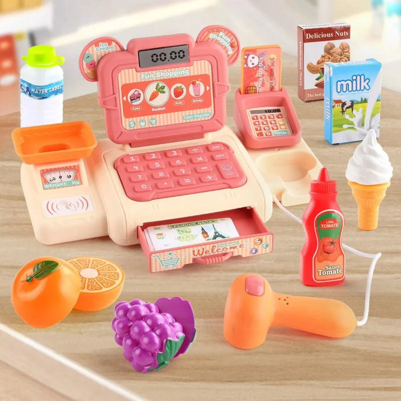 Bambini intelligenti finta gioca a casa registratore di cassa supermercato torta frutta gelato genitore-figlio musica interattiva giocattoli leggeri