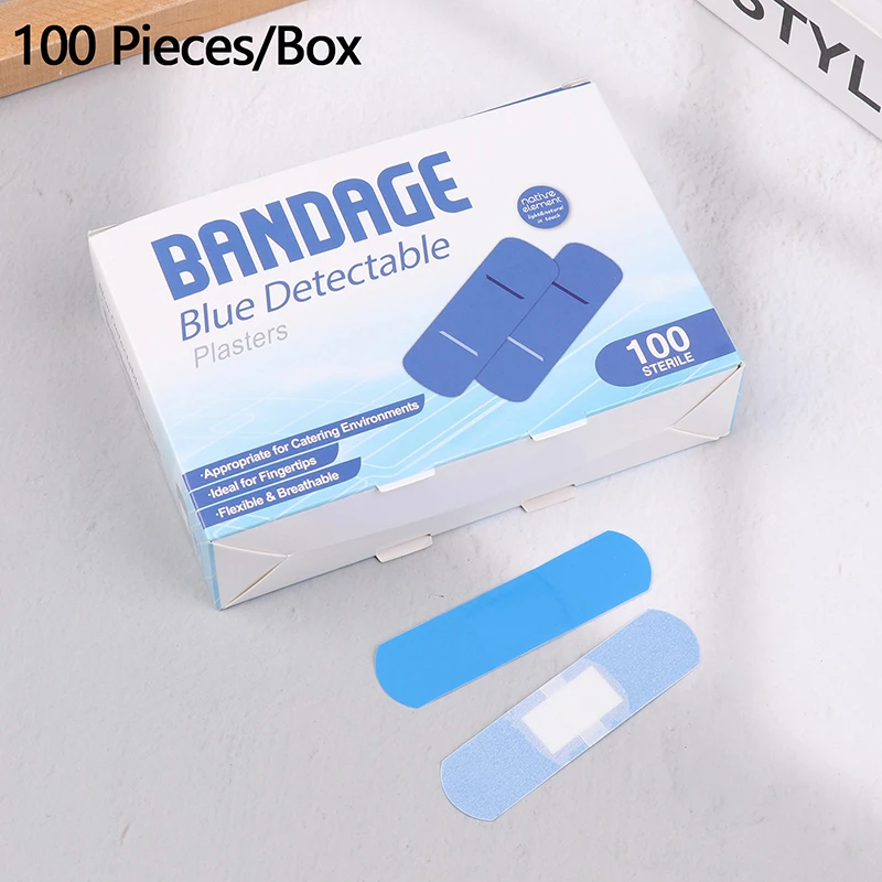 100pcs/set Blue Detectable Plasters Band Aid Waterproof Medical Adhesive Strips Wound Dressing Patch Bandages First Aid Plasters