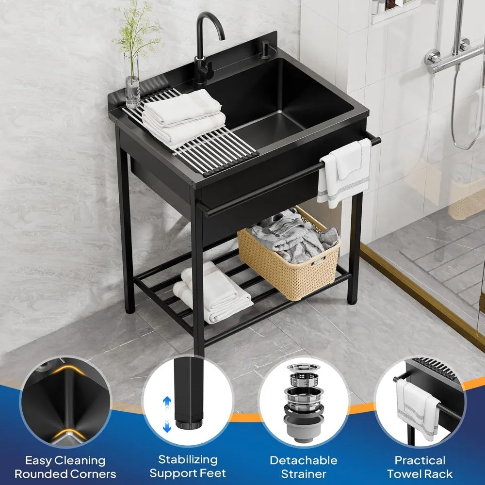 Kitchen Stainless Steel Utility Sink Free Standing with Faucet & Draining Rack
