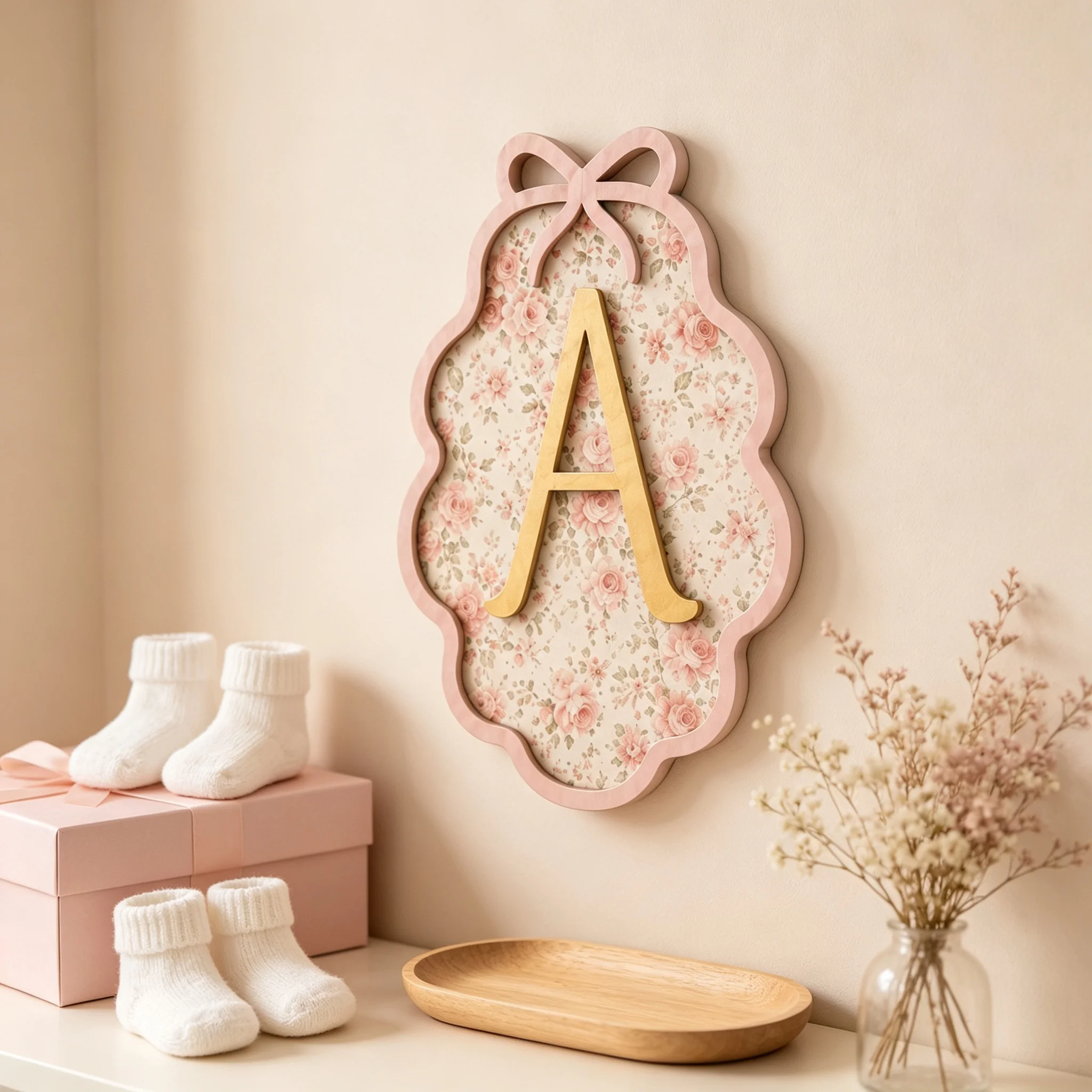 Personalized Bow Initial Wooden Name Sign Custom Letter Wood Plaque Floral Nursery Wall Decor Baby Shower Girl Birthday Gift
