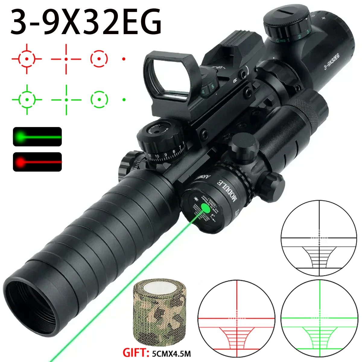 Tactical 3-9X32 EG Riflescope 3 in 1 Combo  Red Green Illuminated Holographic Reflex 4 Reticle Red Green Dot Hunting Scope Caza