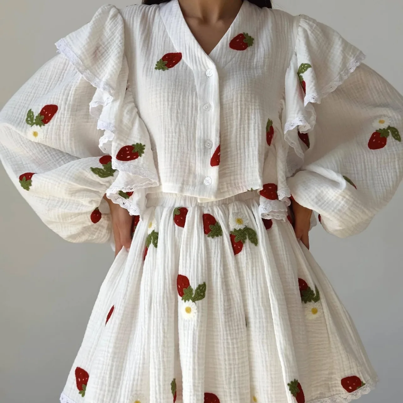 

High Quality Fashionable Cotton Linen Style with Ruffled Edges and Strawberry Print Top Short Skirt Set Home Clothing New Women